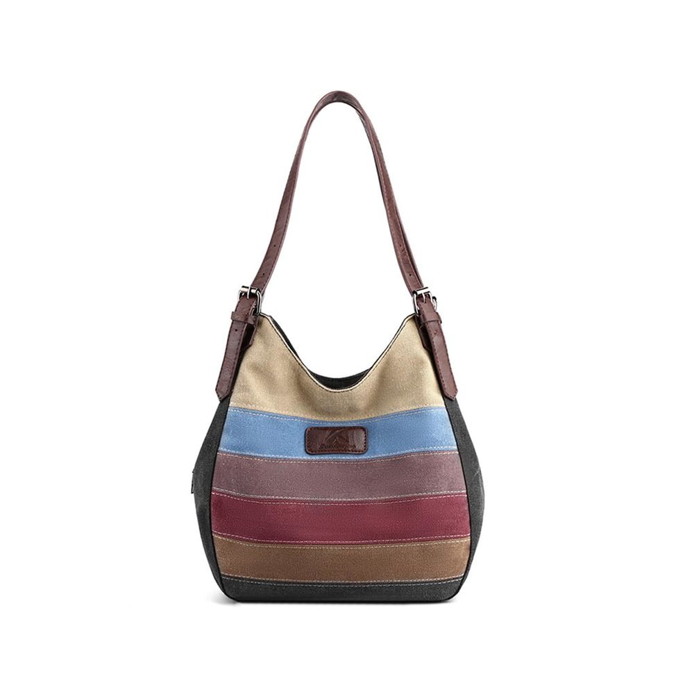 Canvas Shoulder Bag - Multi-Colour Striped Handbag With Top Handle & C :]